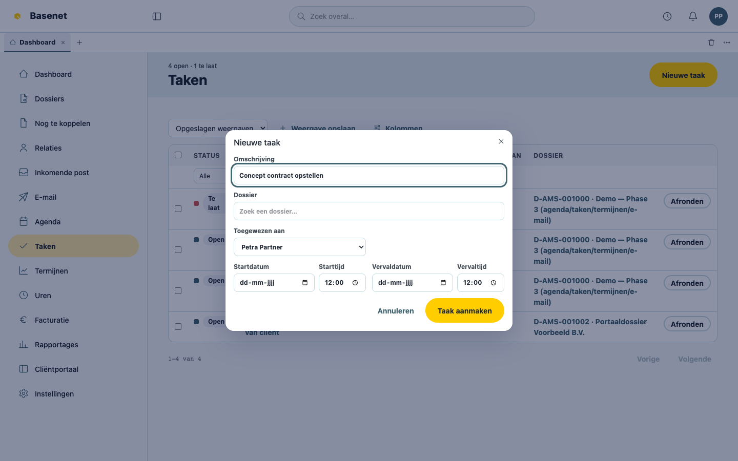 Creating a new task linked to a matter