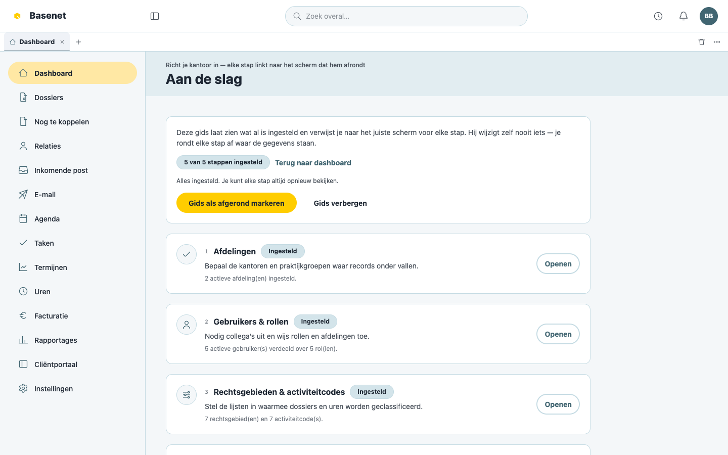 The “Aan de slag” page with the six setup steps