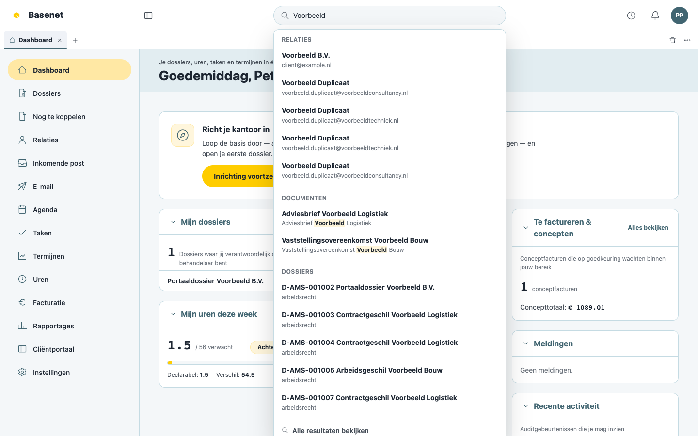 Search results grouped by type