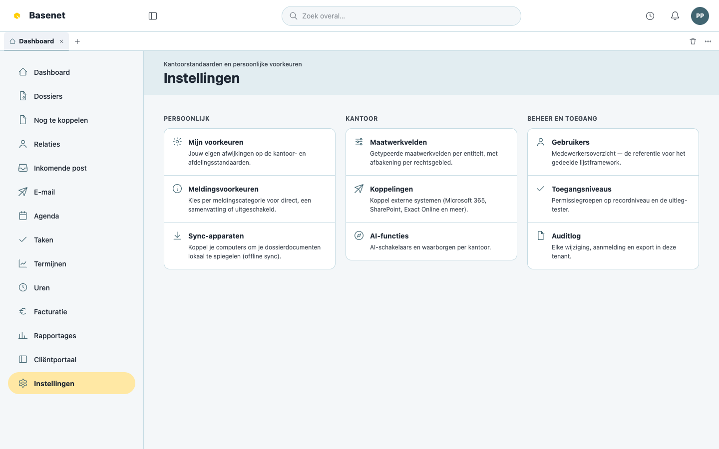 The Settings page, grouped into Personal, Office, and Administration and access