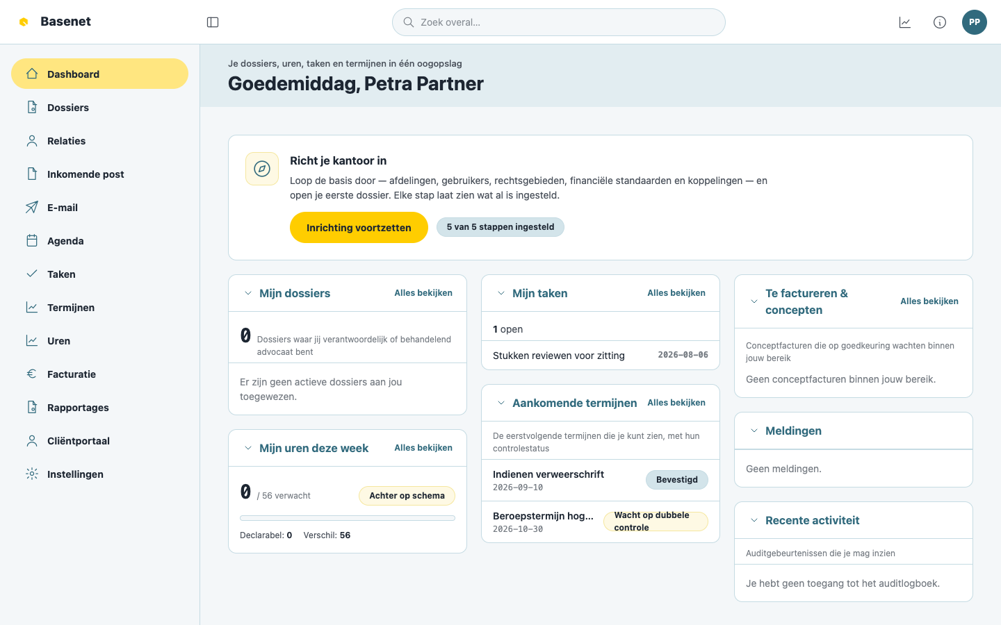 Het dashboard met de linkerbalk, het zoekveld en de widgets