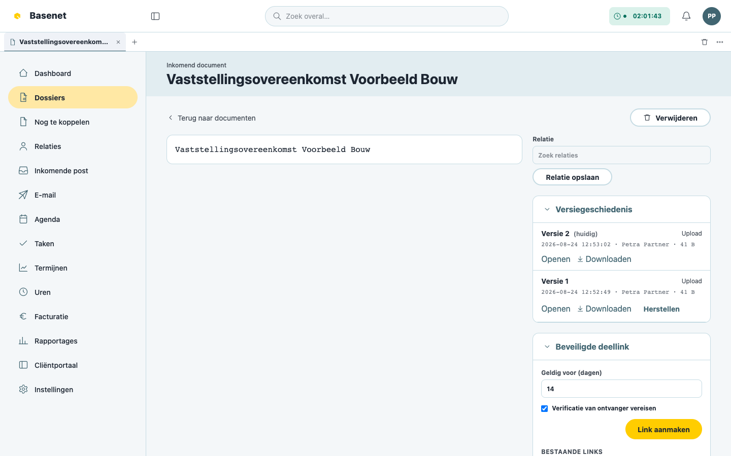 De versiegeschiedenis van een document met Bron, Auteur en Datum per versie