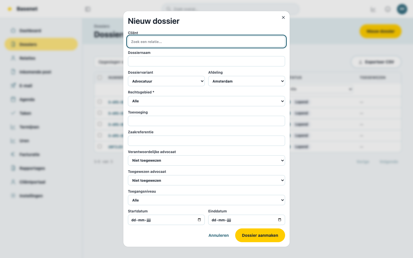 De volledige wizard “Nieuw dossier”