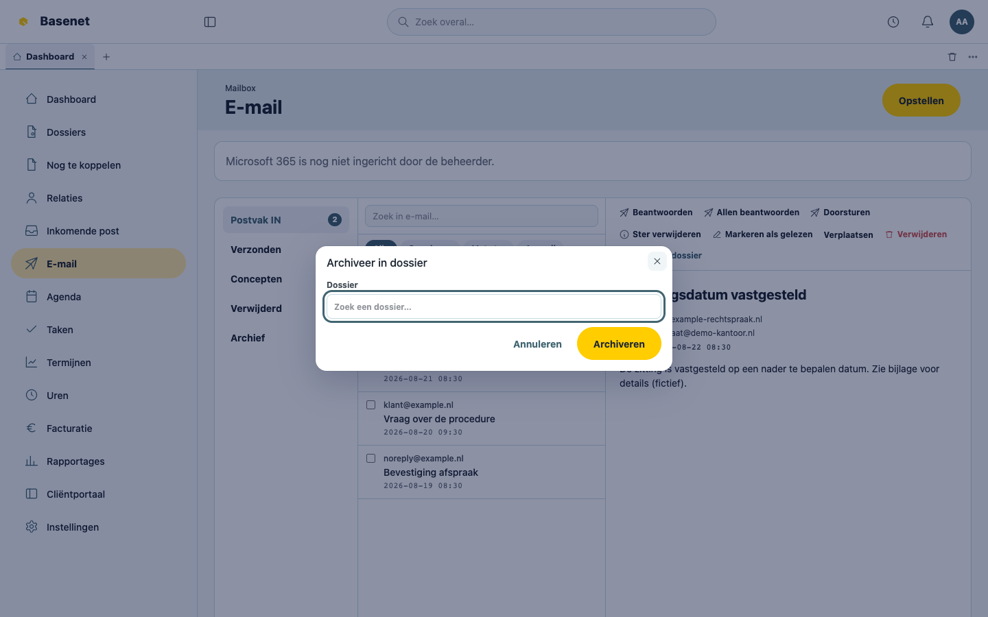 De dialog “Archiveer in dossier” vanuit de mailbox