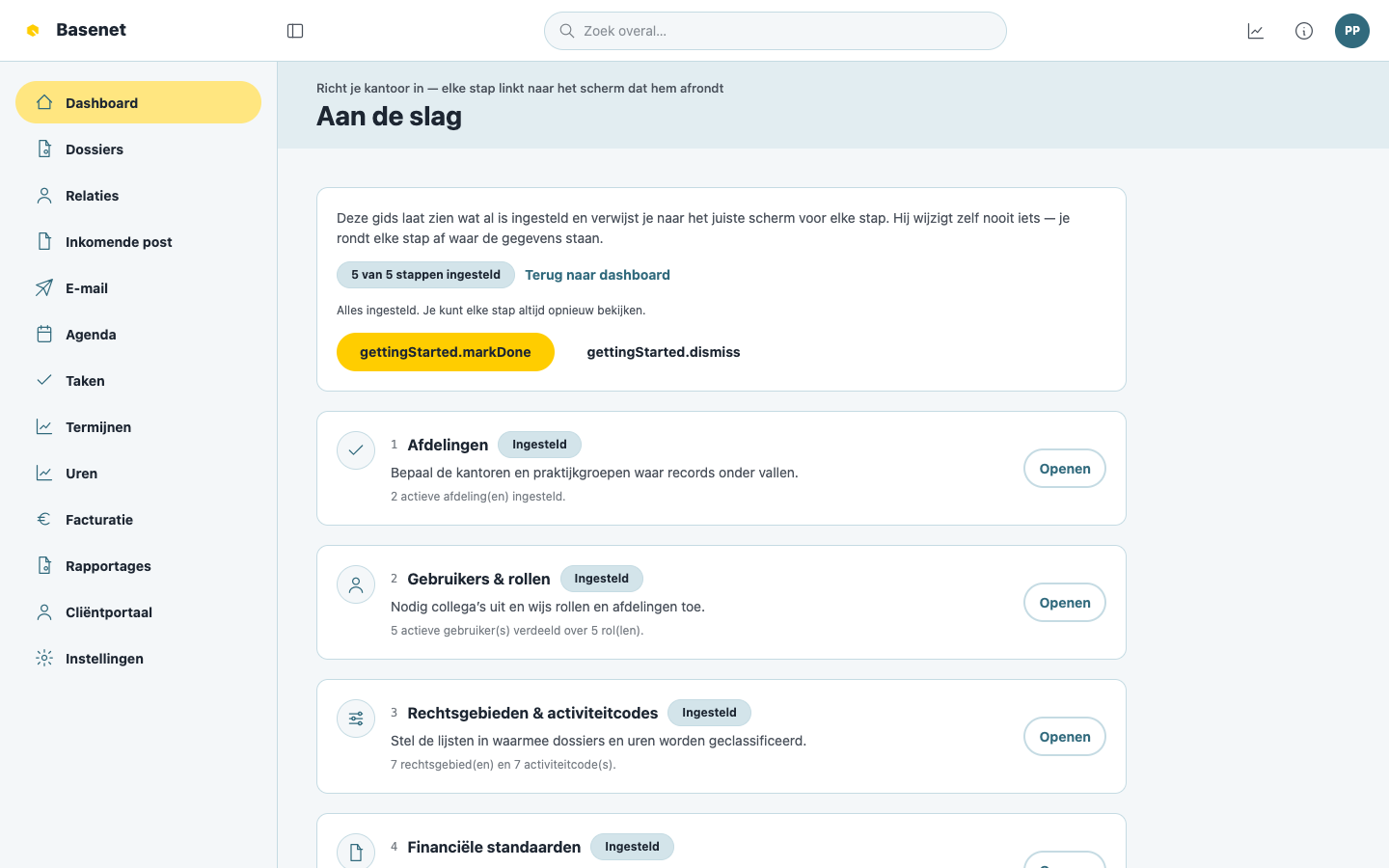 De pagina “Aan de slag” met de zes inrichtingsstappen