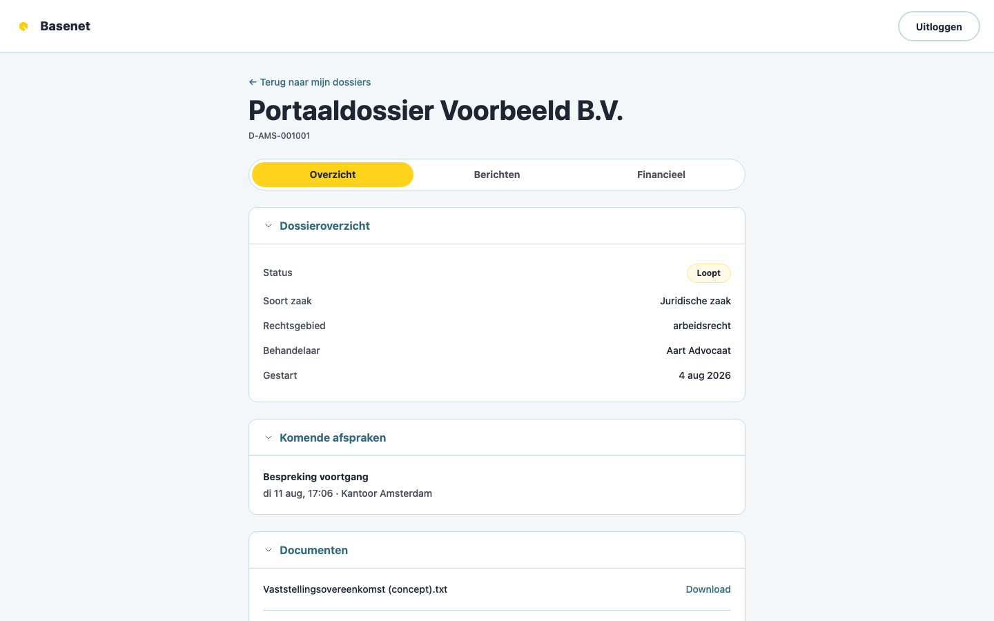 Het dossieroverzicht in het portaal met de tabbladen Overzicht, Berichten en Financieel
